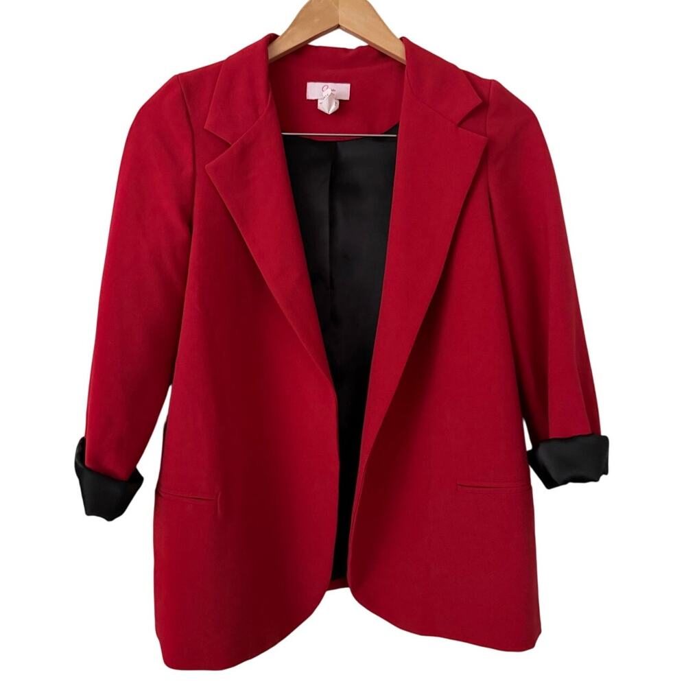 Aqua Colorful Red/Black Lined Open Front Collared Blazer w/Pocket Work/Office-XL